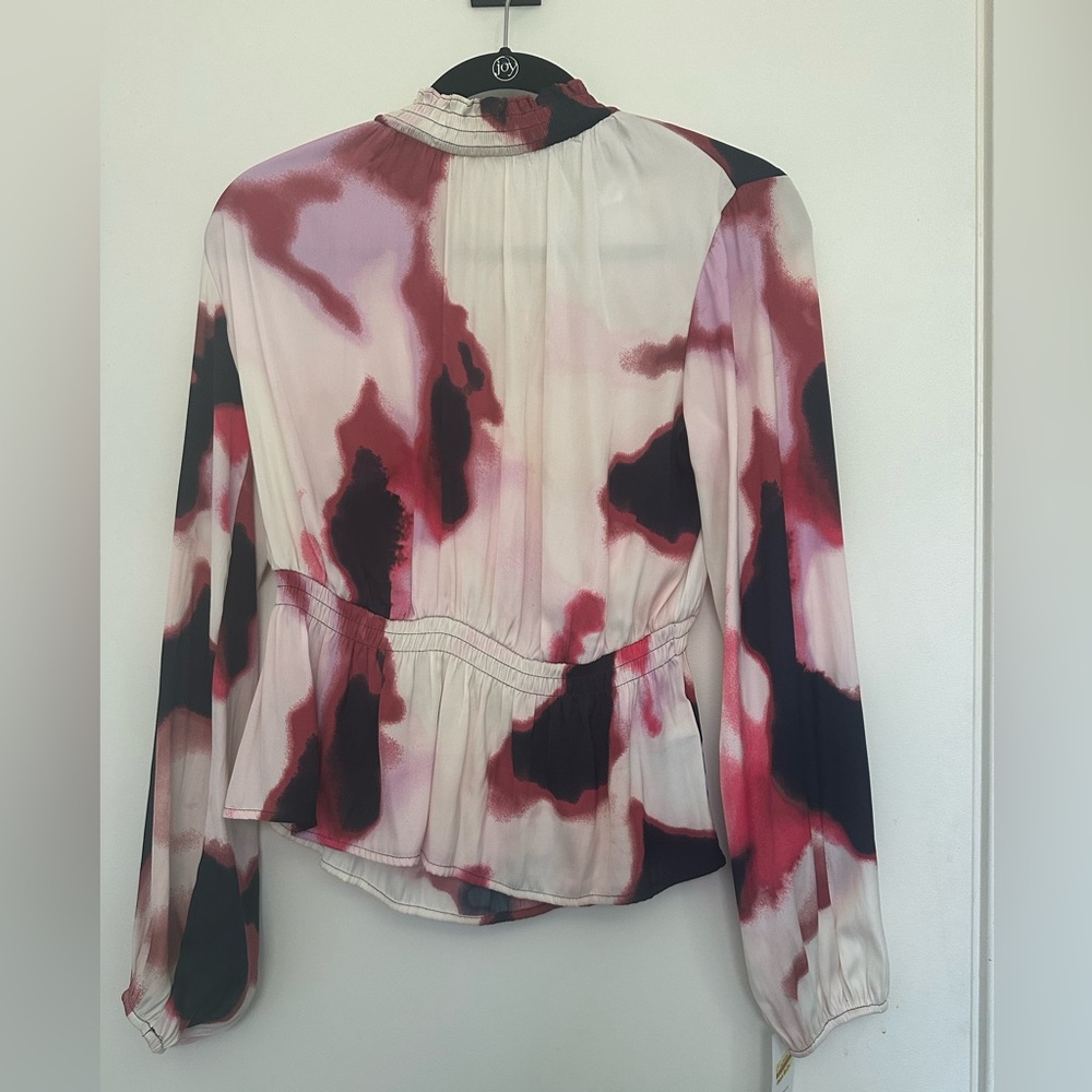 Women's Nine West Pink & Black Watercolor Long-Sleeve Peplum Top